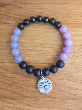 Black Onyx & Purple Lepidolite Beads Bracelet, Stretch, Hand Crafted